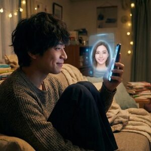 スマホ（AI）の恋人を見てほほ笑む男性