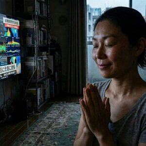 テレビに祈りを捧げる女性