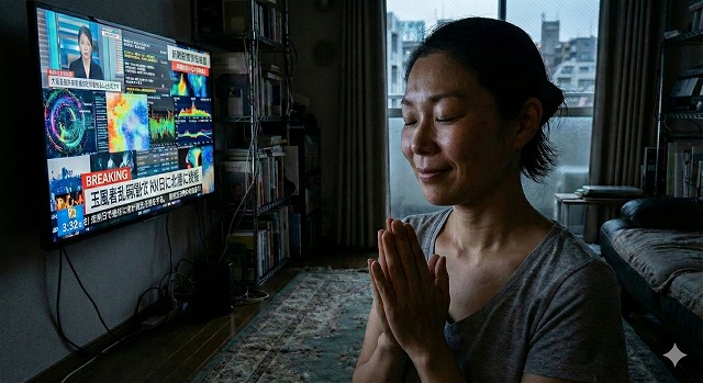 テレビに祈りを捧げる女性