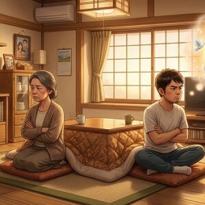 世界平和を考えながら、家族と喧嘩する様子