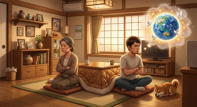 世界平和を考えながら、家族と喧嘩する様子