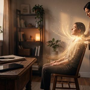 スマホから離れ、すわっている人にヒーリングを施す様子